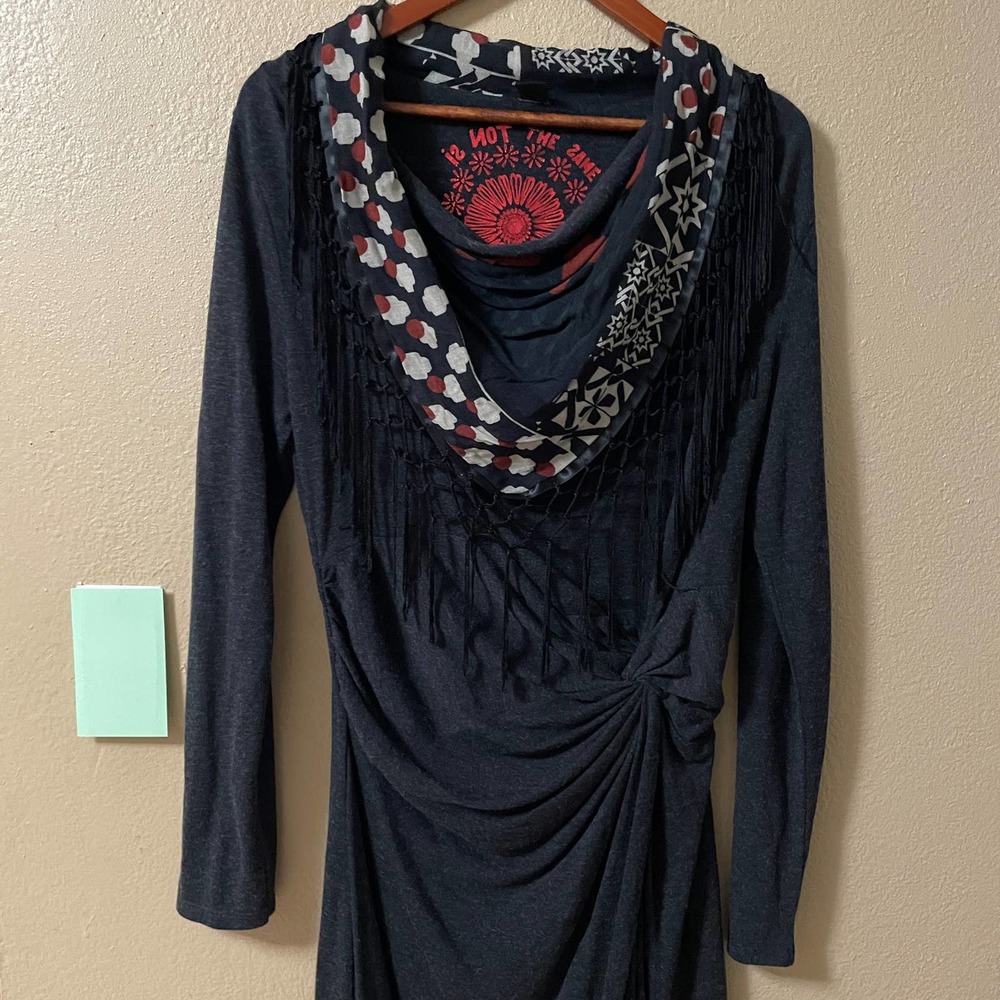 Desigual Black Midi Dress with Patterned Cowl Neck